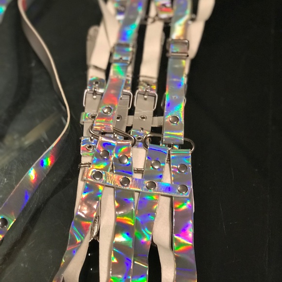 Holographic iridescent strap top belt buckle rave goth bikini festival sexy punk - Picture 6 of 7